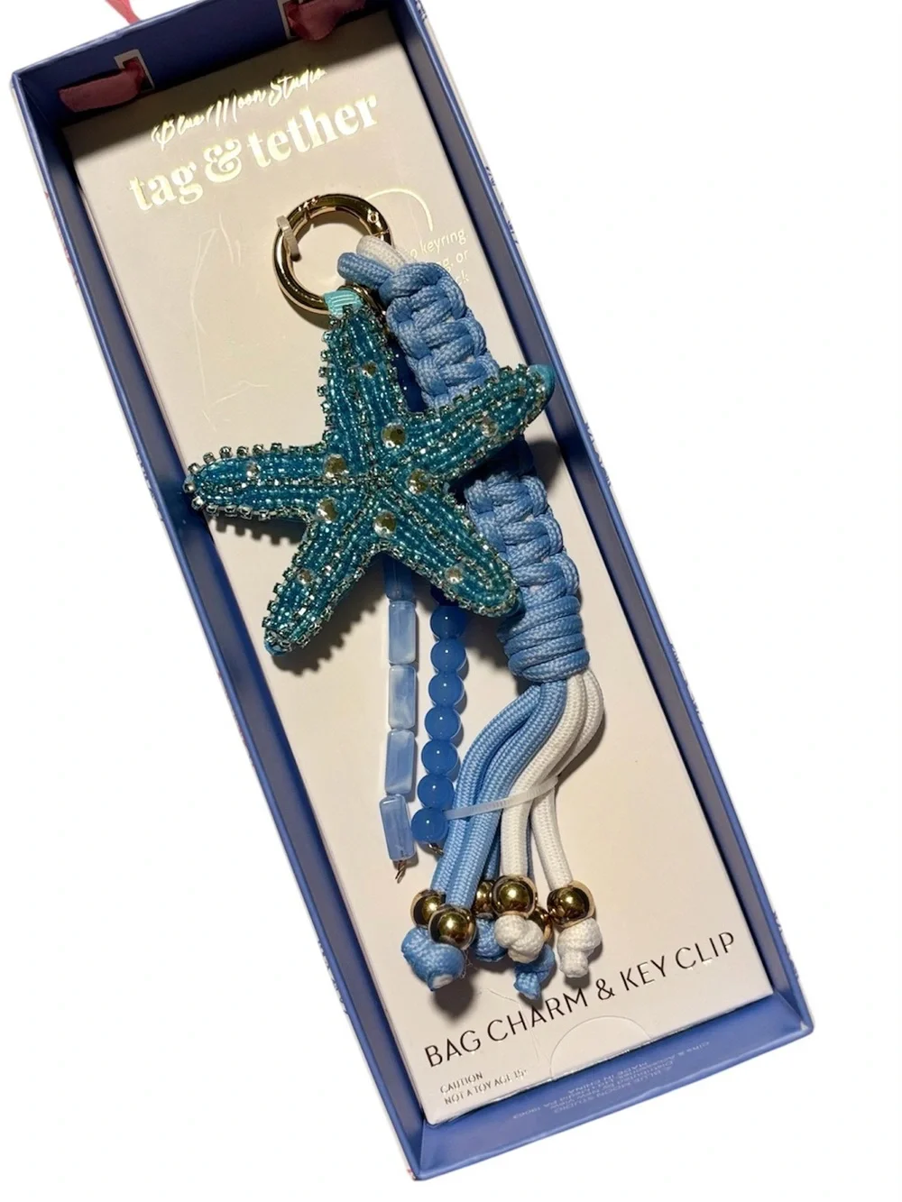 Blue Beaded Starfish Bag Charm & Key Clip